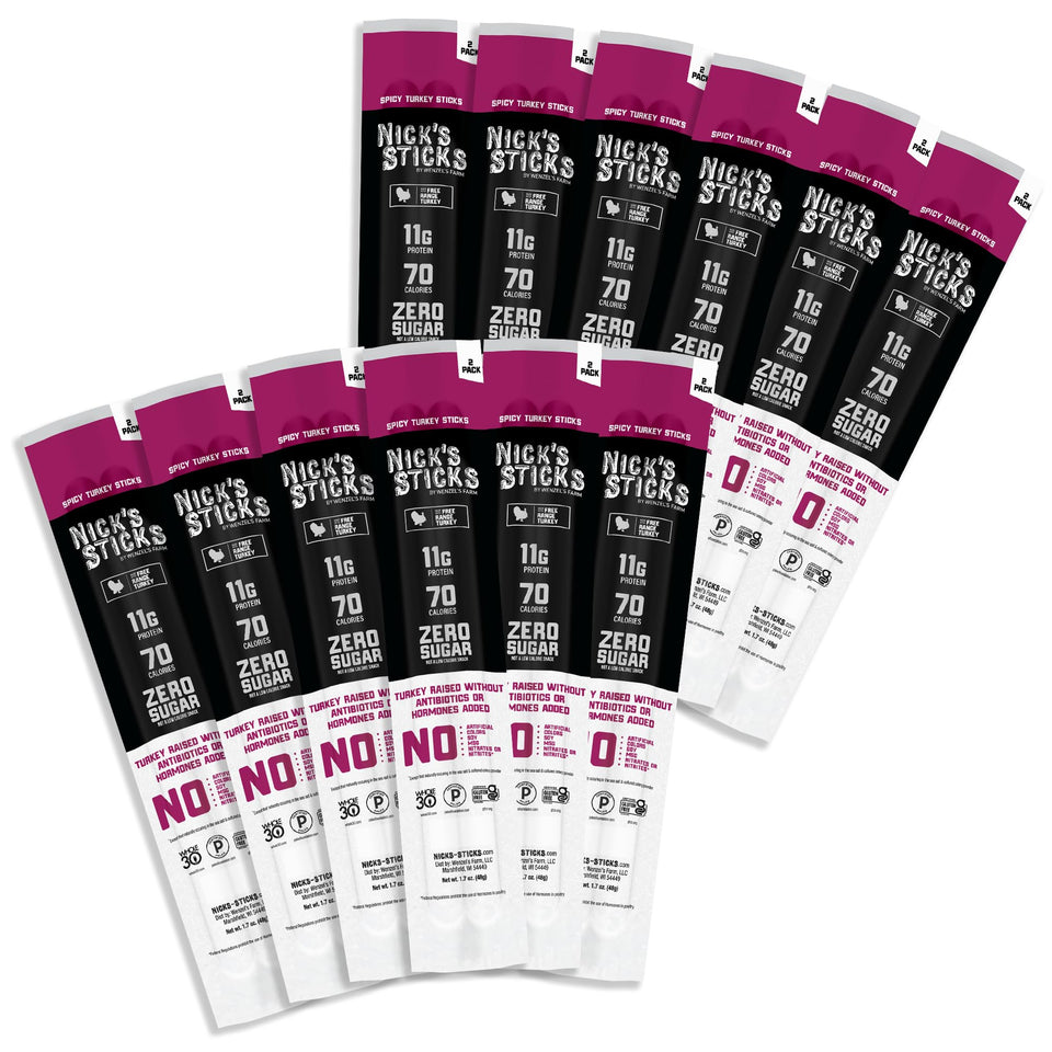 Nick's Sticks clean and balanced spicy turkey sticks in a 12-pack display