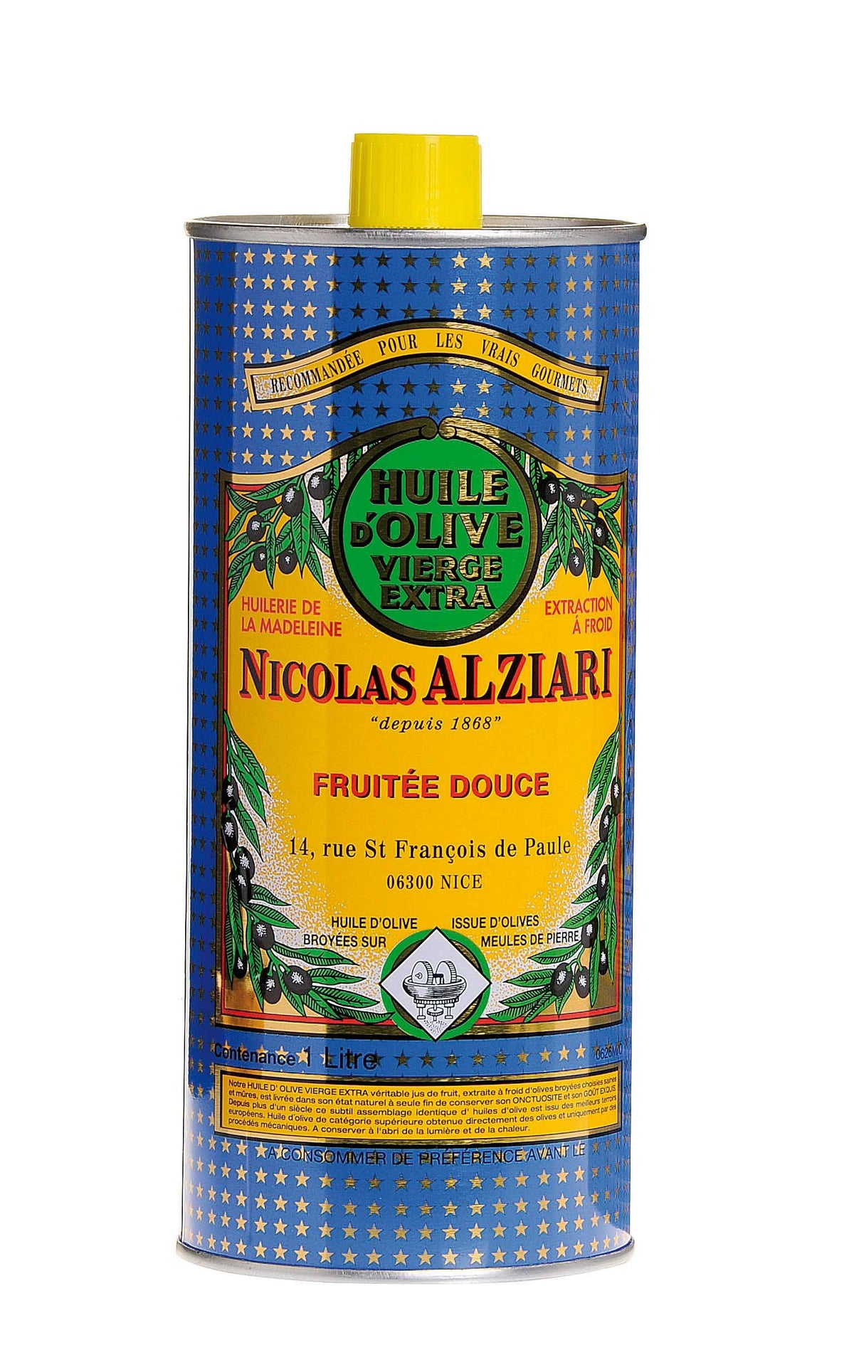 Nicolas Alziari extra virgin olive oil 1 liter bottle, ideal for dressings and finishing.