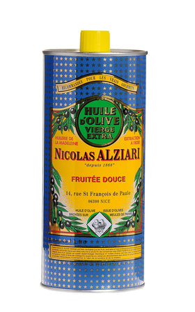 Nicolas Alziari extra virgin olive oil 1 liter bottle, ideal for dressings and finishing.