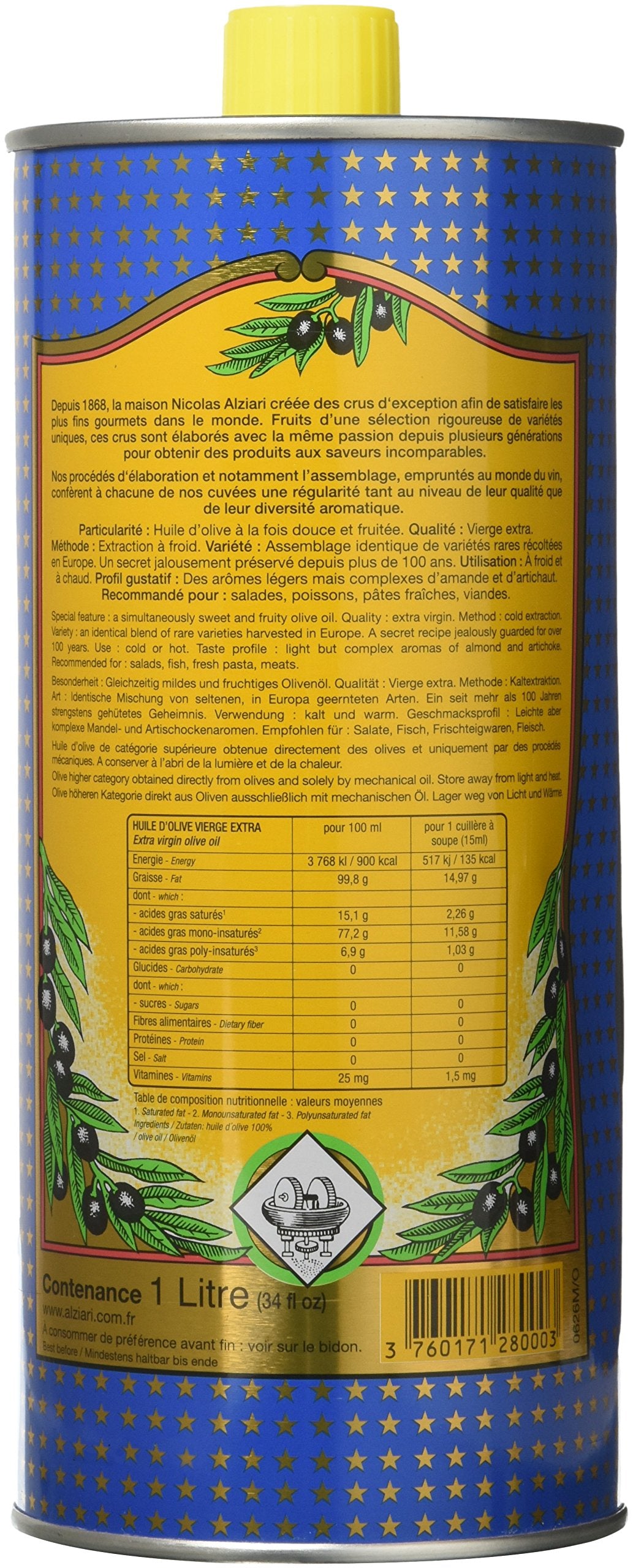 Nicolas Alziari olive oil label close-up highlighting vibrant green-gold color.