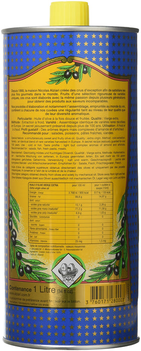 Nicolas Alziari olive oil label close-up highlighting vibrant green-gold color.