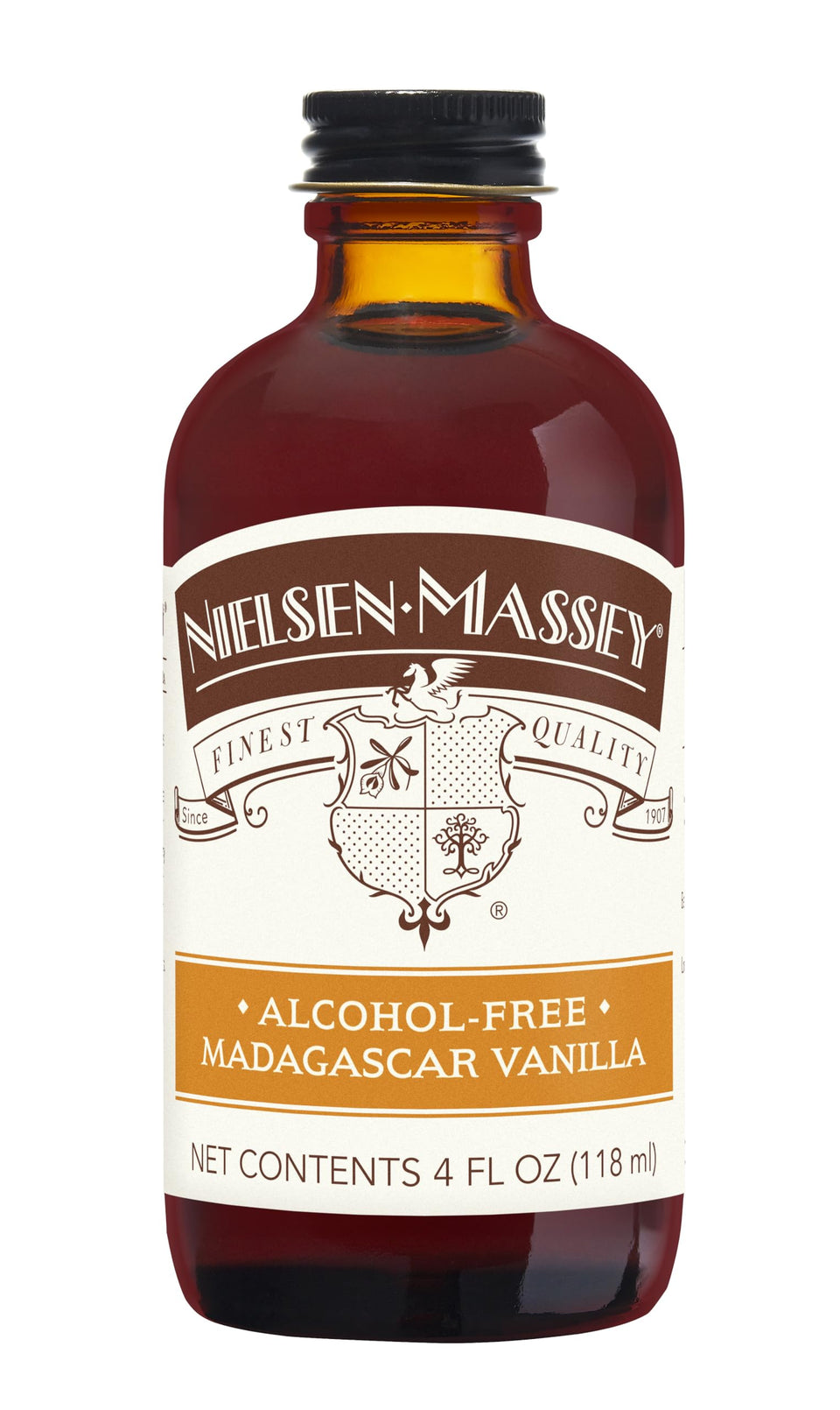 Nielsen-Massey Alcohol-Free Madagascar Vanilla bottle highlighting premium aroma for baking.