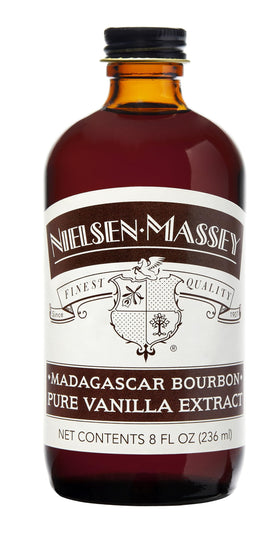 Nielsen-Massey Madagascar Bourbon vanilla bottle closeup for rich baking flavor