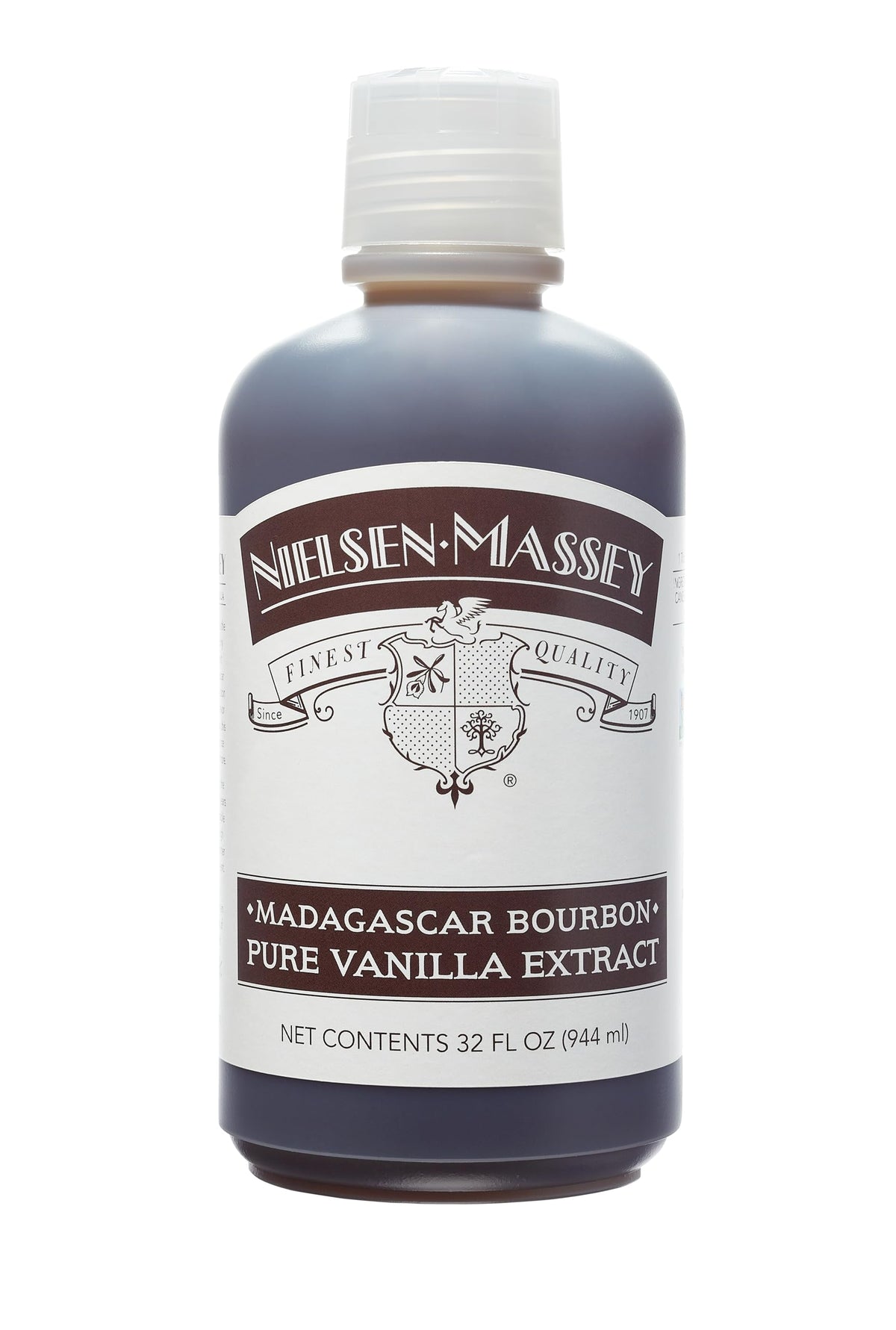 Nielsen-Massey Madagascar Bourbon Vanilla Extract bottle on kitchen counter, premium baking flavor.