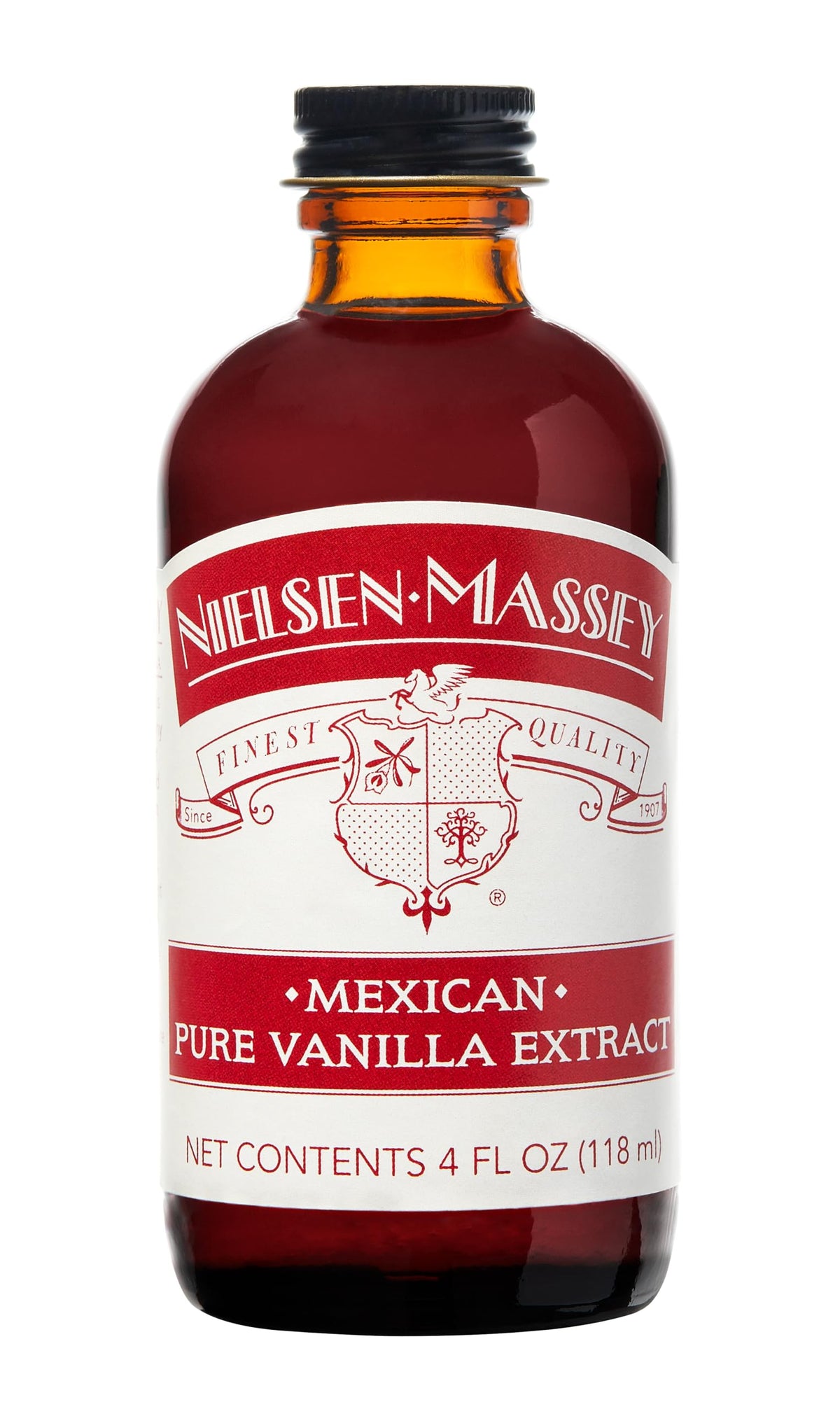 Nielsen-Massey Mexican Vanilla Extract bottle pours rich vanilla for desserts.
