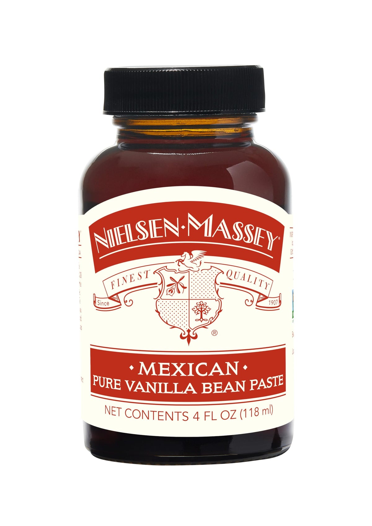 Nielsen-Massey Mexican vanilla paste bottle with visible specks for richer baking flavor.
