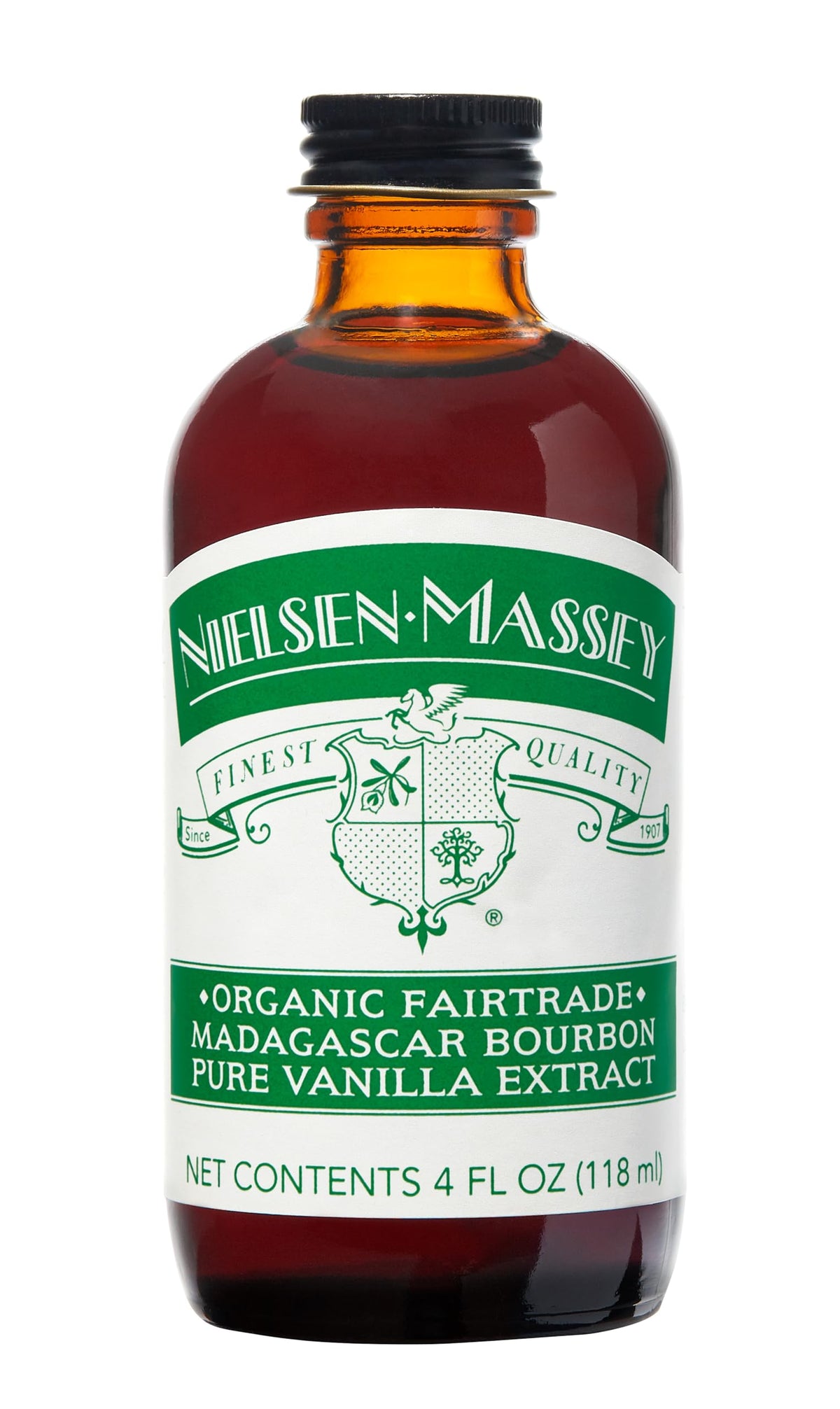 Nielsen-Massey Organic Madagascar Vanilla Extract bottle pour, capturing rich, multi-note flavor for baking.