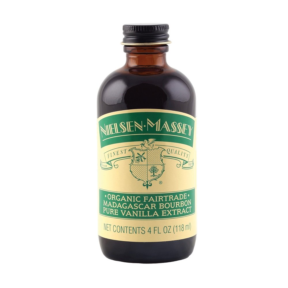 Nielsen-Massey Organic Madagascar Vanilla Extract label closeup highlighting organic and fairtrade credentials.