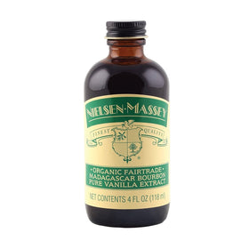 Nielsen-Massey Organic Madagascar Vanilla Extract label closeup highlighting organic and fairtrade credentials.
