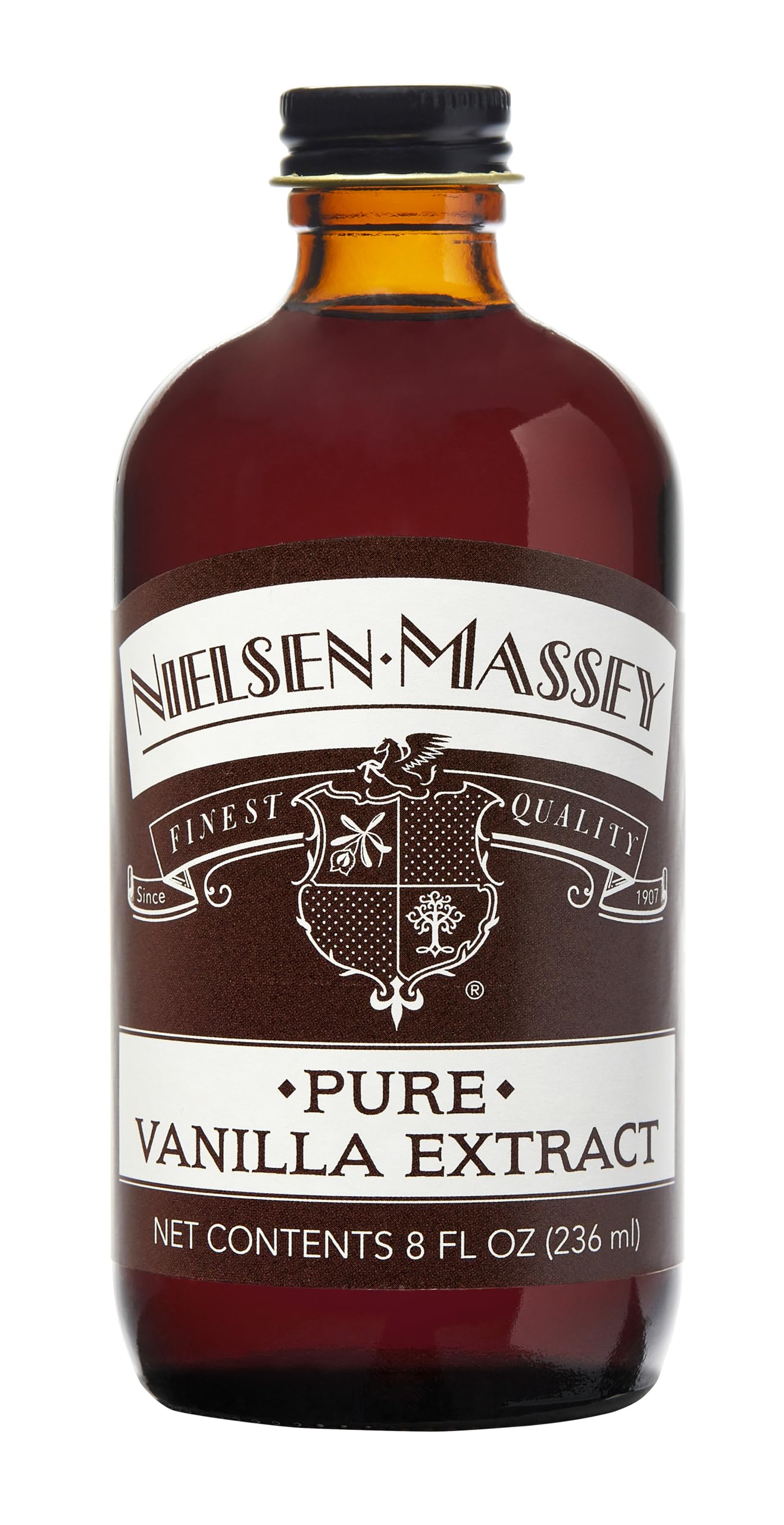 Nielsen-Massey Pure Vanilla Extract bottle close-up, premium flavor for baking.