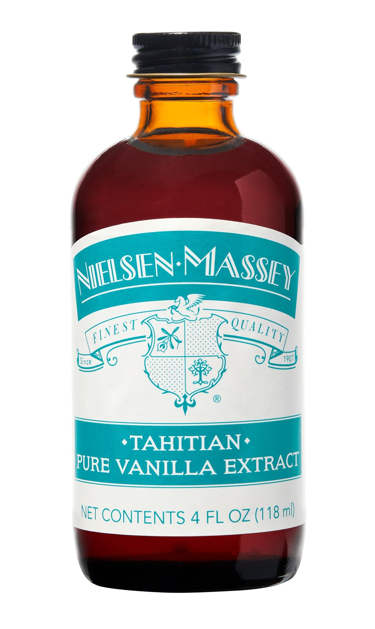 Nielsen-Massey Tahitian vanilla extract bottle with floral aroma enhances baking.