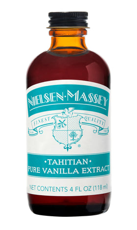 Nielsen-Massey Tahitian vanilla extract bottle with floral aroma enhances baking.