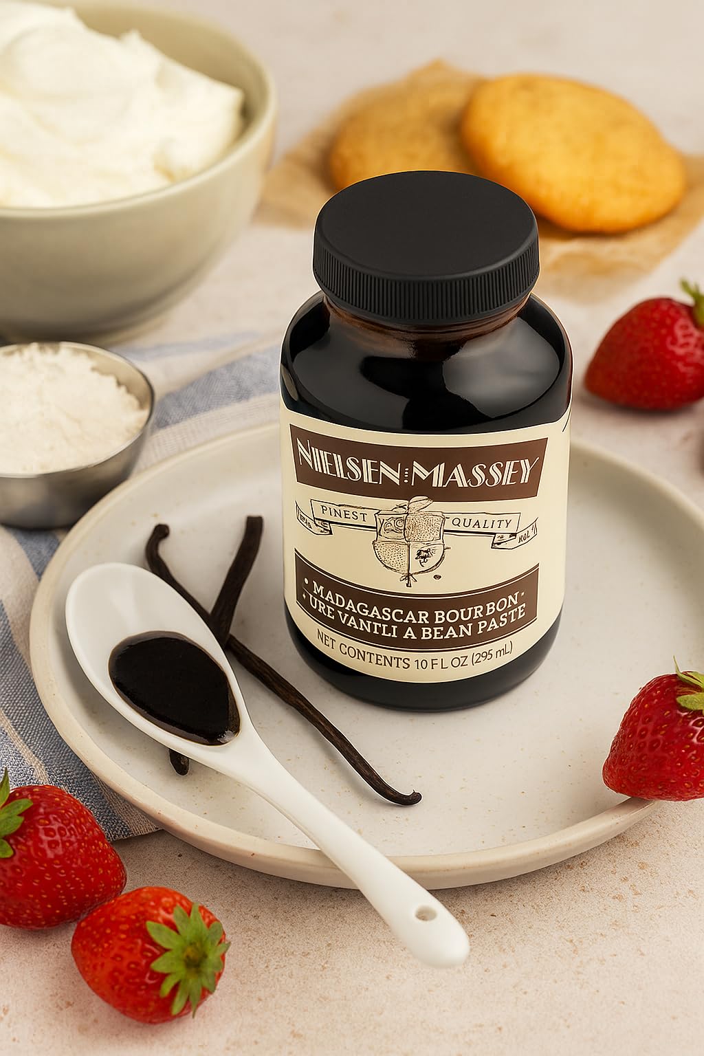 Nielsen-Massey Vanilla Bean Paste with tightly packed beans implies sustainable sourcing.