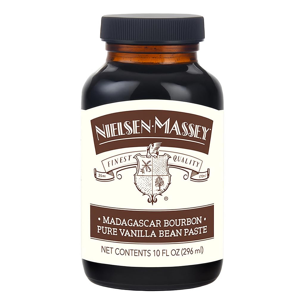 Nielsen-Massey Vanilla Bean Paste bottle close-up shows real specks for authentic flavor.