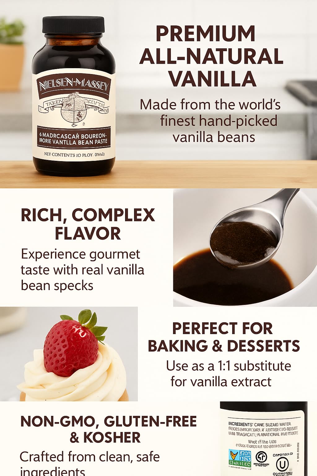 Nielsen-Massey Vanilla Bean Paste jar with specks highlights premium vanilla visuals in recipes.