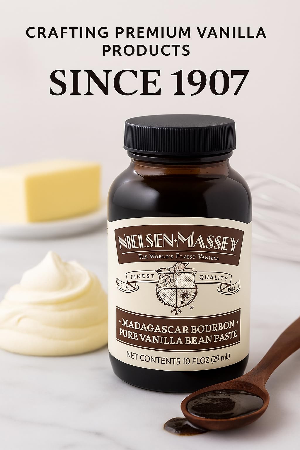 Nielsen-Massey Vanilla Bean Paste label detail signals quality and purity promises.