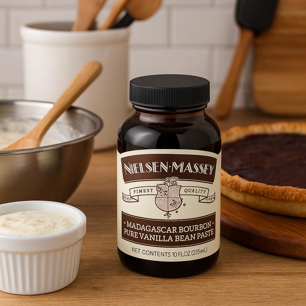 Nielsen-Massey Vanilla Bean Paste poured over dessert showcases rich speckled vanilla finish.
