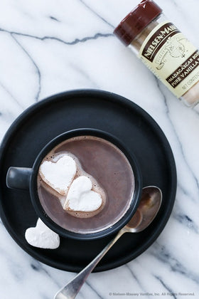 Nielsen-Massey vanilla powder measuring spoon shows precise dosing for consistent results