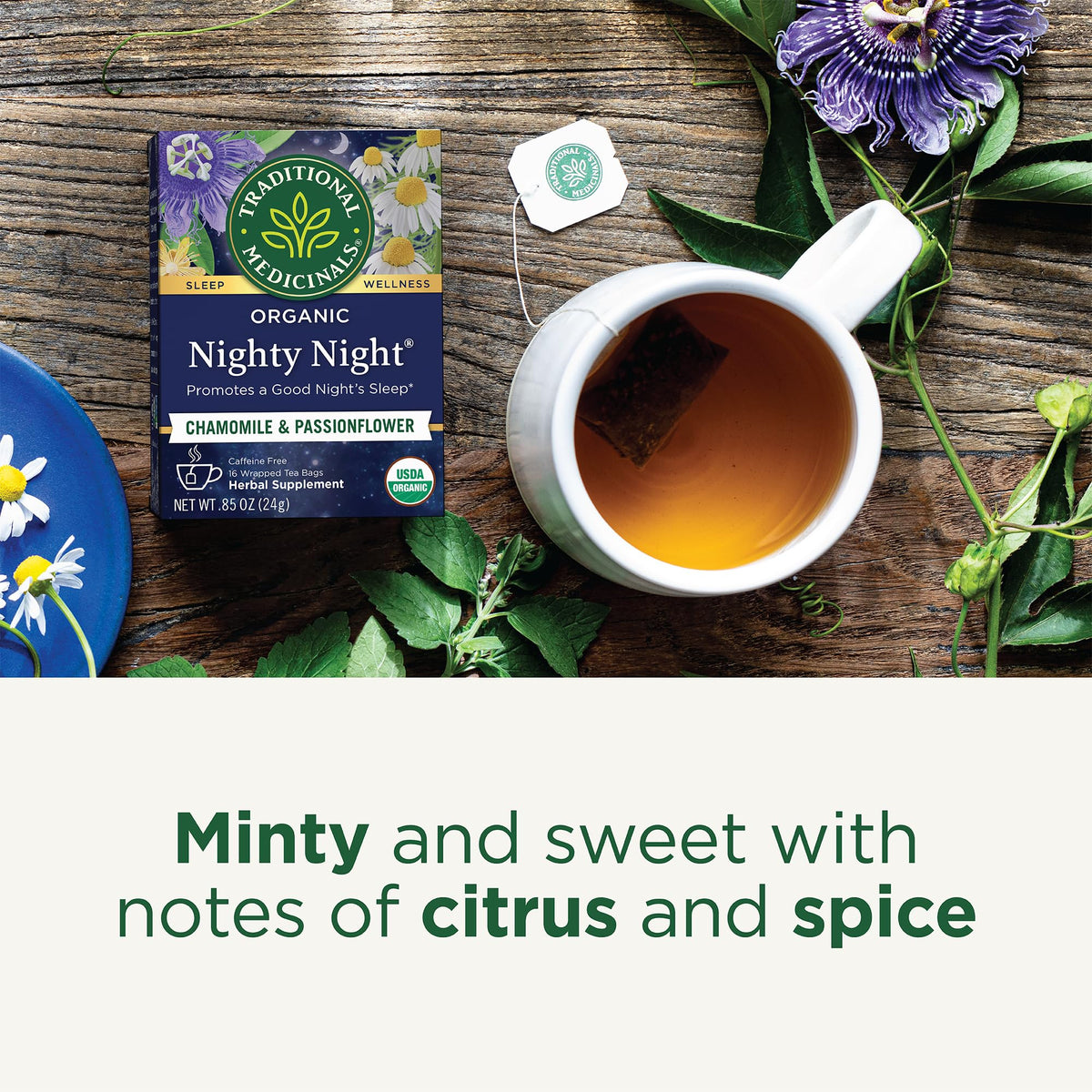 Night Night Tea steeping into a comforting mug with earthy mint aroma