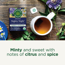 Night Night Tea steeping into a comforting mug with earthy mint aroma