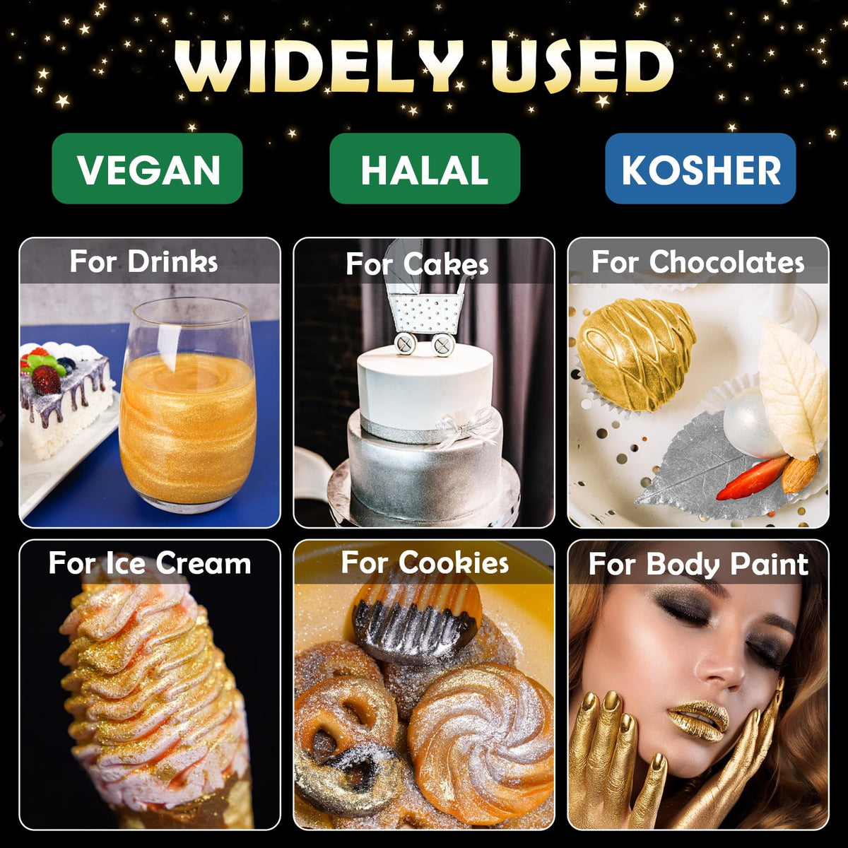 NiHome glimmer luster dust provides a metallic finish for cakes and cocktails.