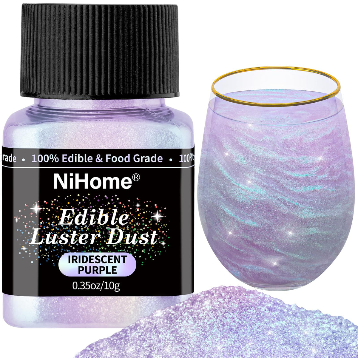 NiHome iridescent purple glitter powder in a jar adds edible sparkle to desserts.