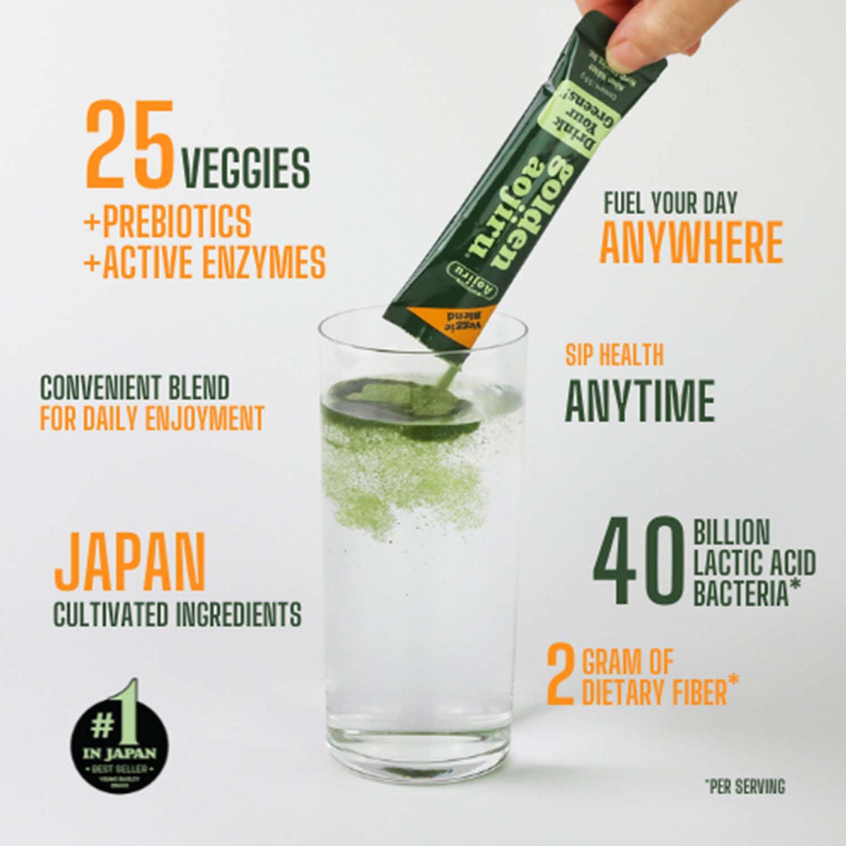 NIHON YAKKEN Golden Aojiru on kitchen counter, easy daily greens routine