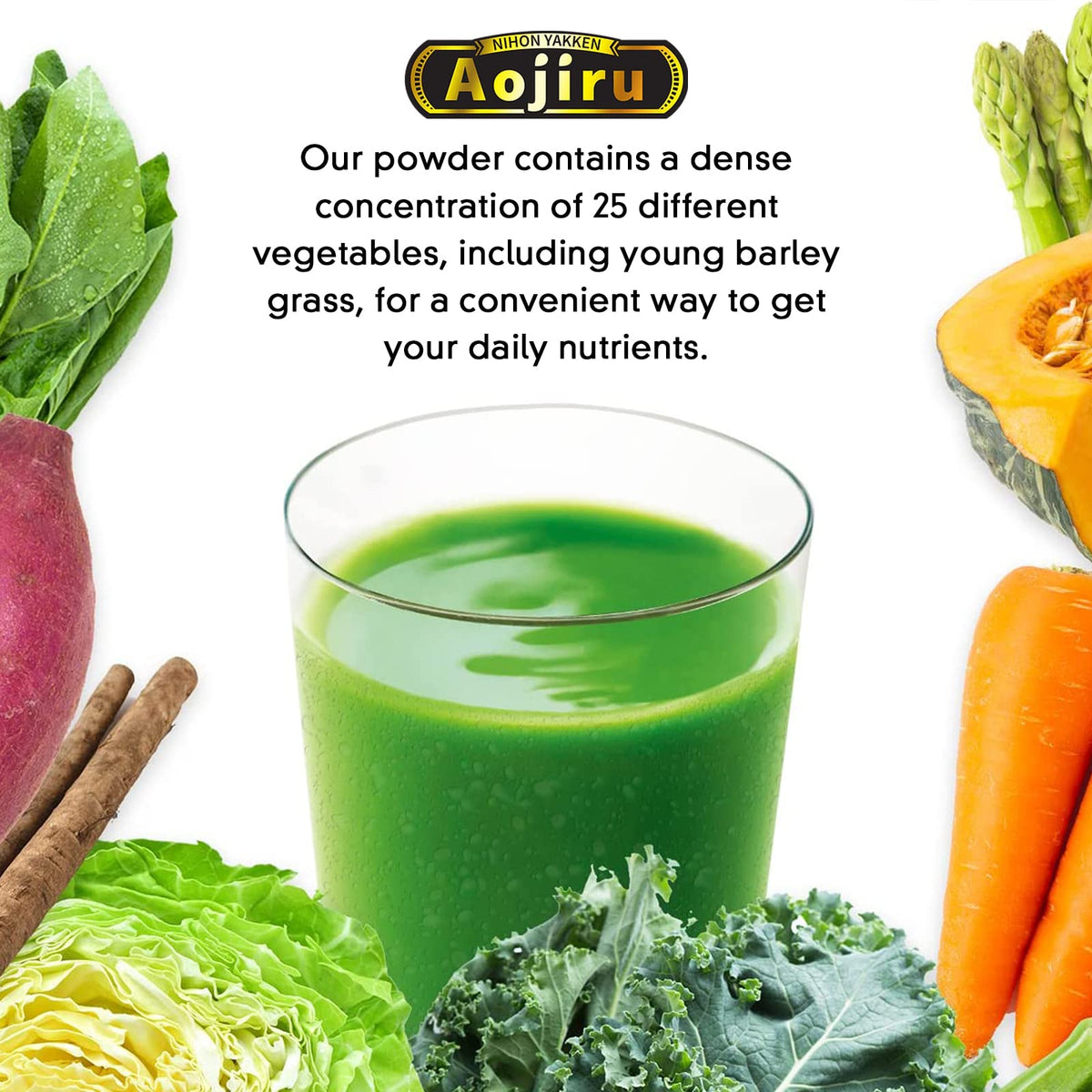 NIHON YAKKEN Kin no Aojiru with young barley grass adds greens to beverages.