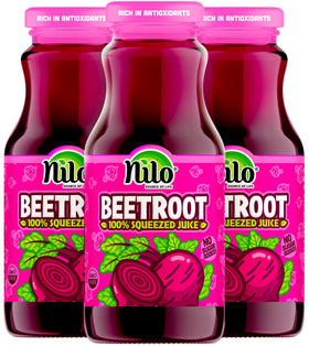 NILO Beetroot Juice bottle 12-pack shows 100% beet juice with no sugar added.
