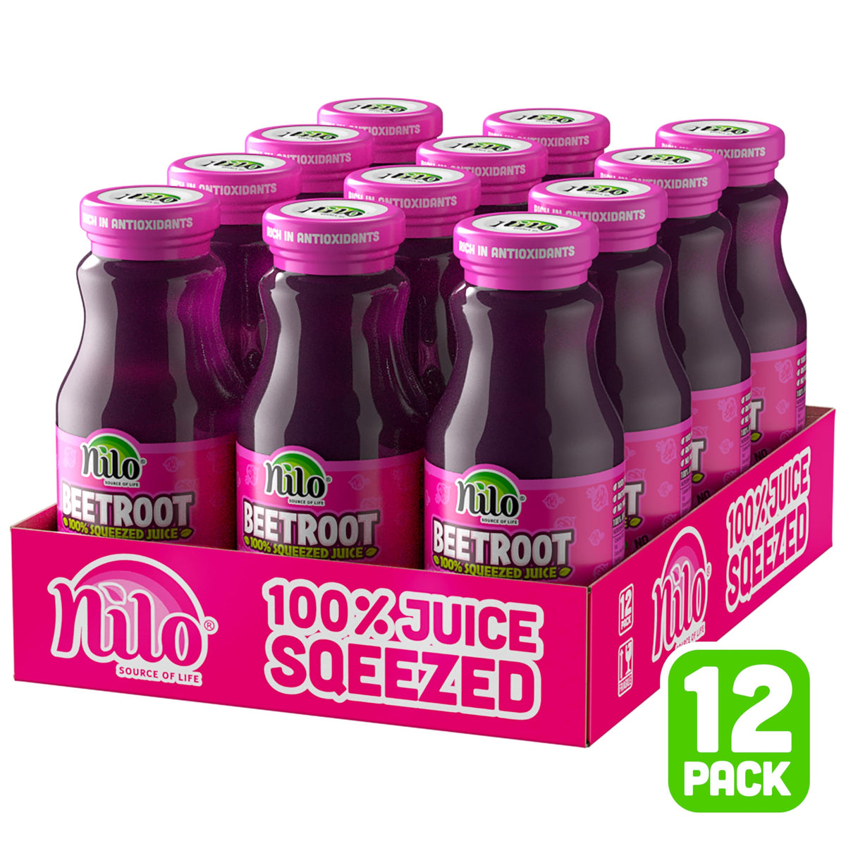 Glass pour of NILO Beetroot Juice highlighting earthy flavor and ready-to-drink appeal.