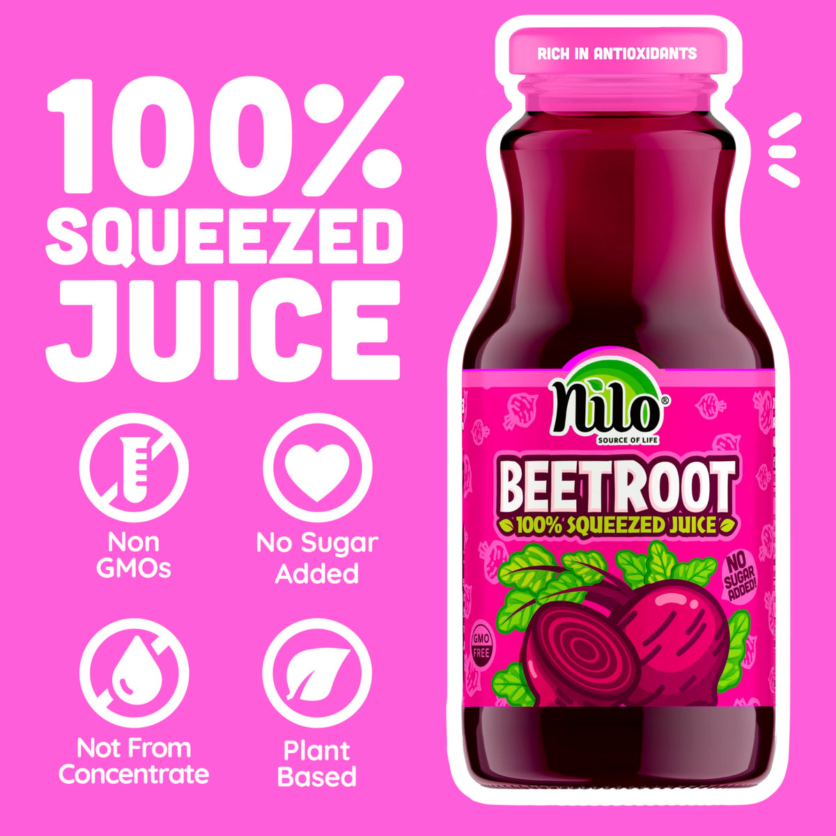 Close-up of NILO Beetroot Juice label with gluten-free and non-GMO markings.