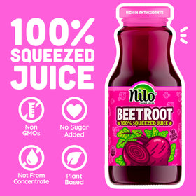 Close-up of NILO Beetroot Juice label with gluten-free and non-GMO markings.