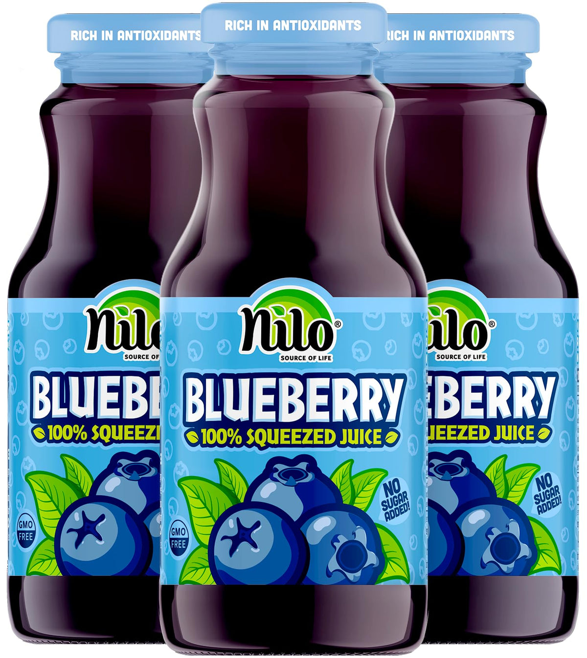 NILO Blueberry Juice bottle pack showing bold flavor and no added sugar