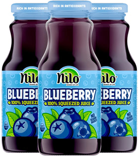 NILO Blueberry Juice bottle pack showing bold flavor and no added sugar