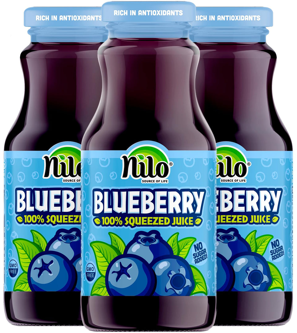 NILO Blueberry Juice bottle pack showing bold flavor and no added sugar