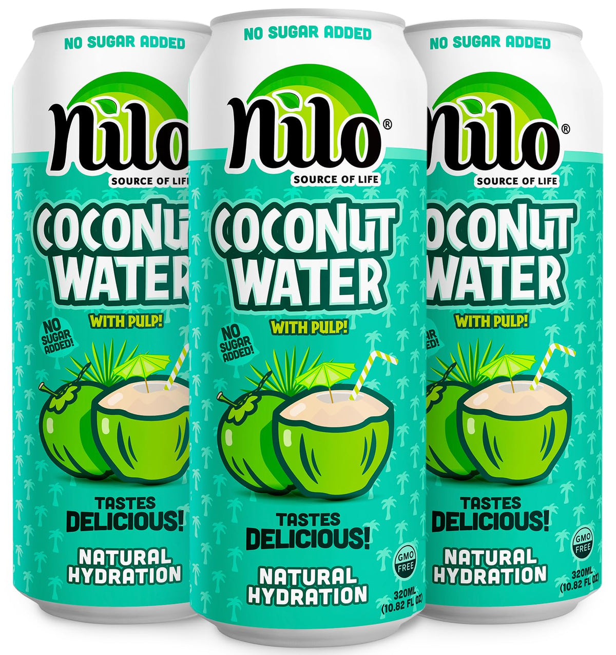 NILO coconut water with pulp pack of 12 bottles showing real pulp texture and freshness