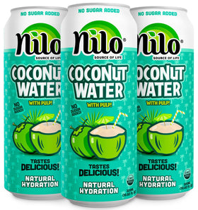 NILO coconut water with pulp pack of 12 bottles showing real pulp texture and freshness