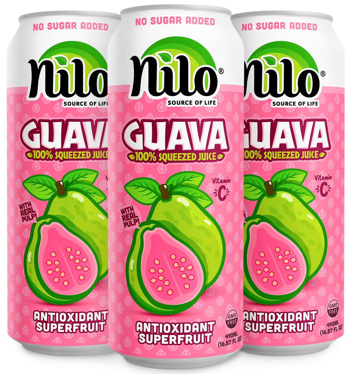 NILO Pink Guava Juice 12-pack cans for on-the-go tropical refreshment.