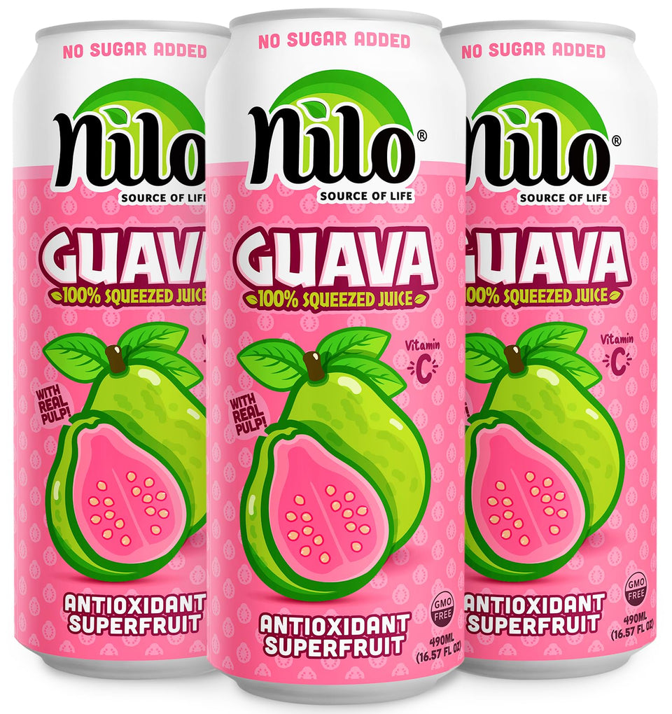 NILO Pink Guava Juice 12-pack cans for on-the-go tropical refreshment.