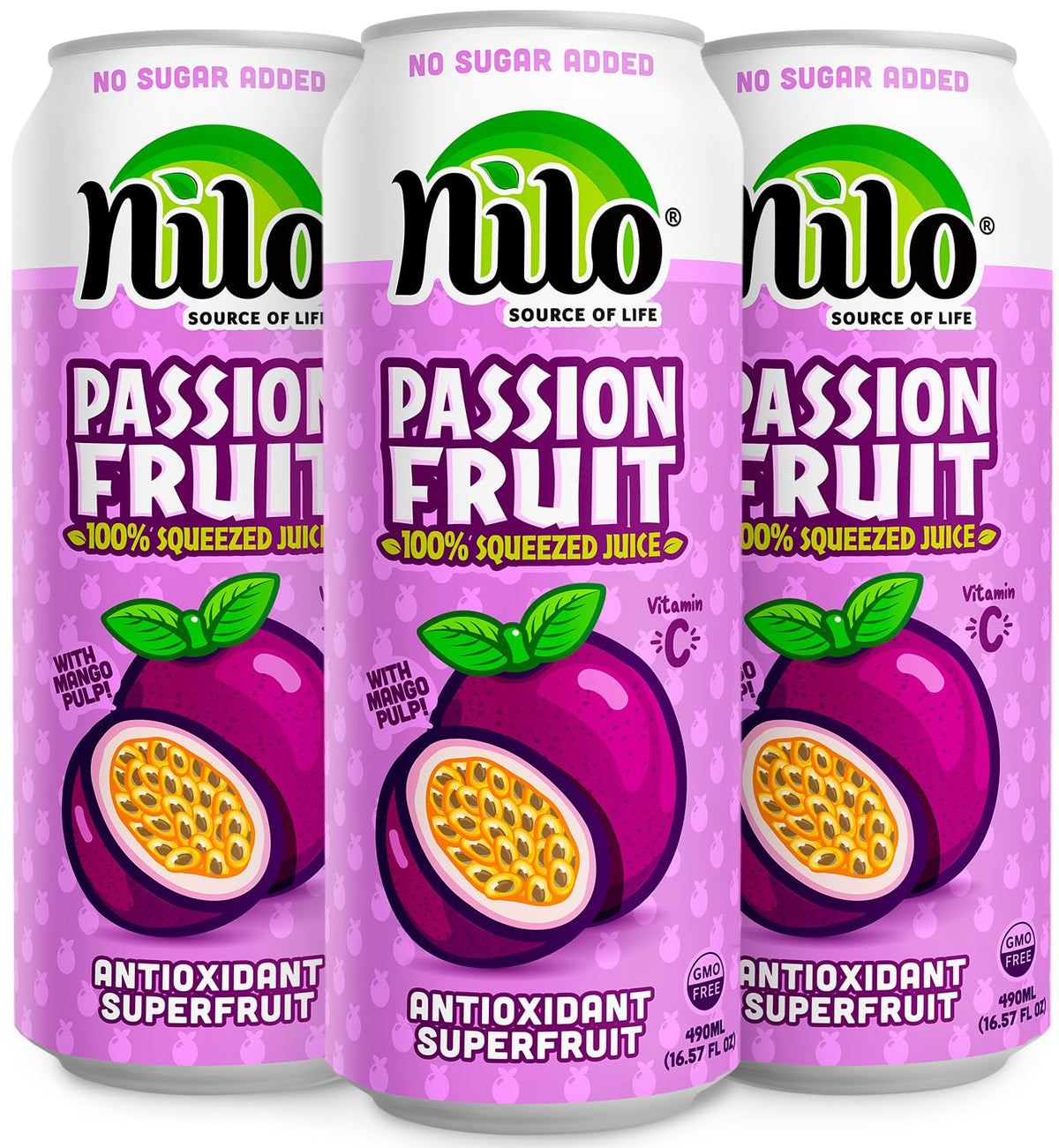 NILO Passion Fruit Juice bottle close-up showing 100% juice with no sugar added