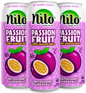 NILO Passion Fruit Juice bottle close-up showing 100% juice with no sugar added