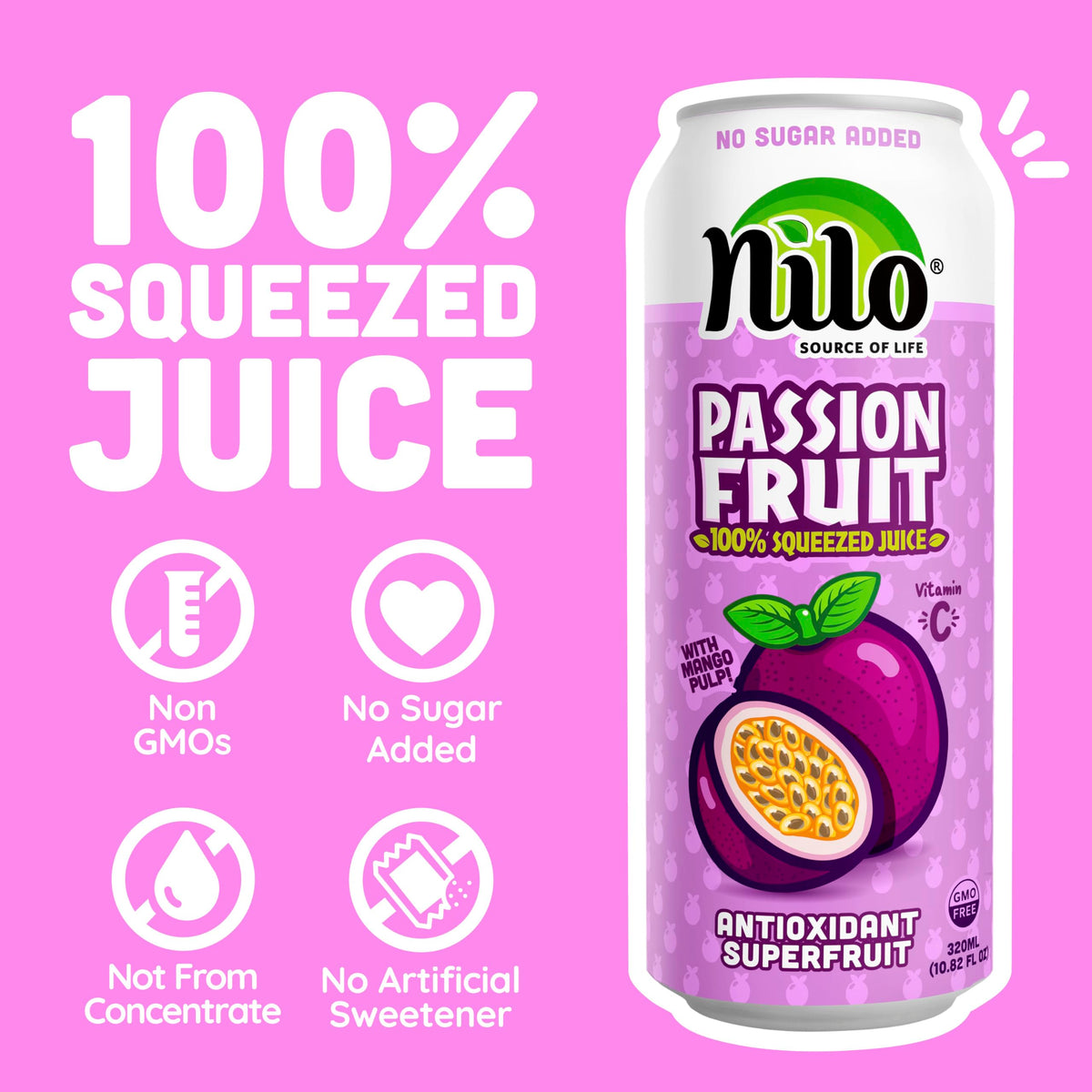 NILO Passion Fruit Juice not from concentrate emphasizes pure, unaltered fruit taste.
