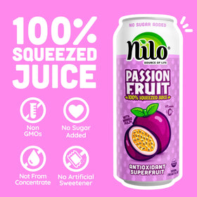 NILO Passion Fruit Juice not from concentrate emphasizes pure, unaltered fruit taste.