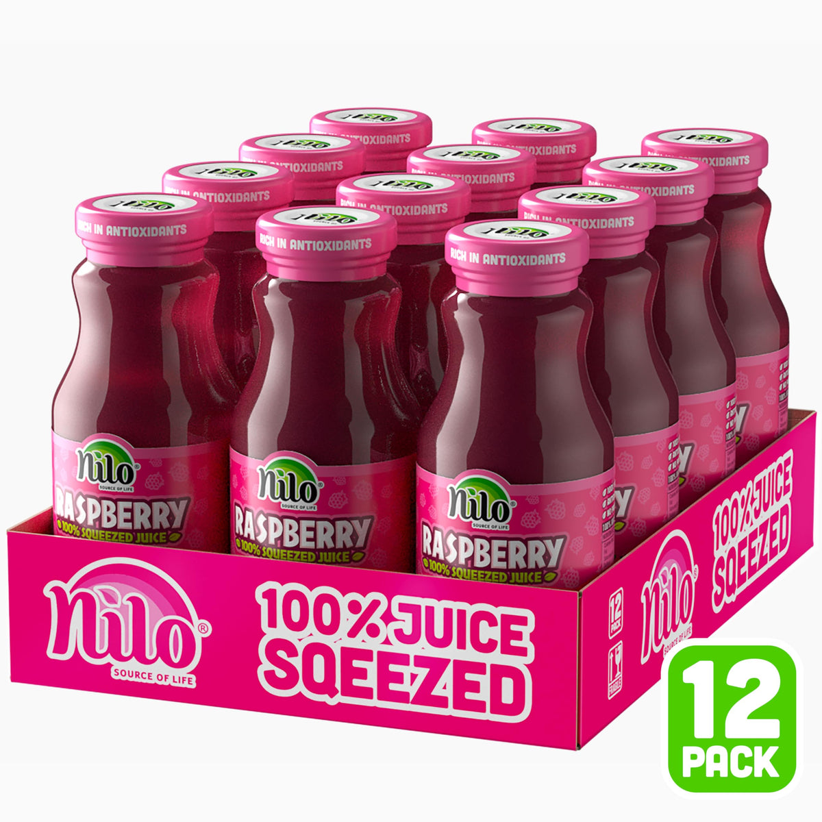 NILO Raspberry Juice bottle close-up showing 100% squeezed berries and no sugar added