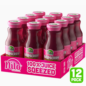 NILO Raspberry Juice bottle close-up showing 100% squeezed berries and no sugar added
