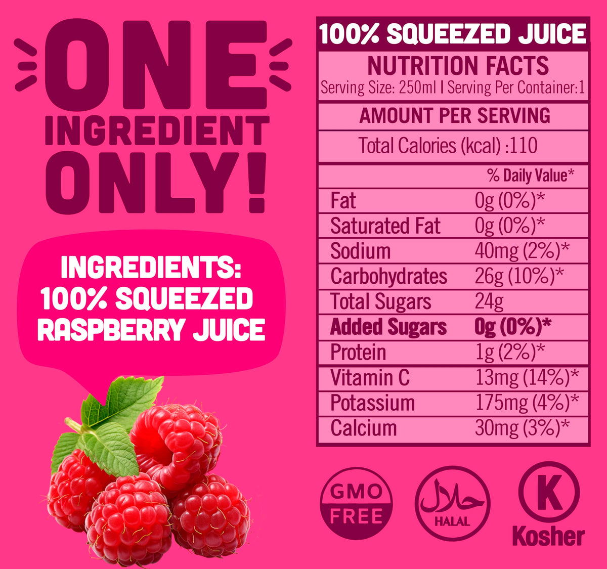 Label on NILO Raspberry Juice noting not from concentrate and no sugar added