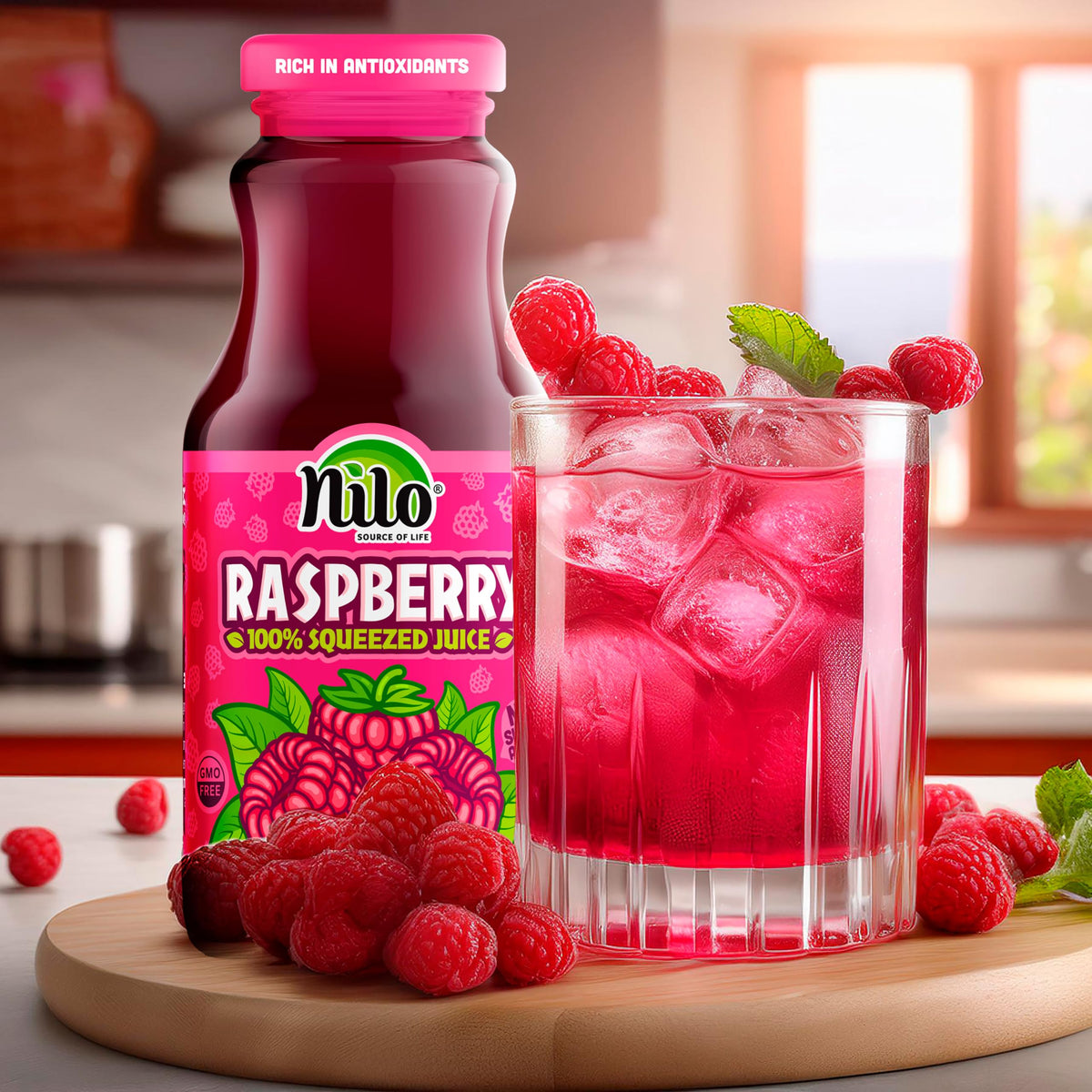NILO Raspberry Juice poured into a glass showing fresh ingredients