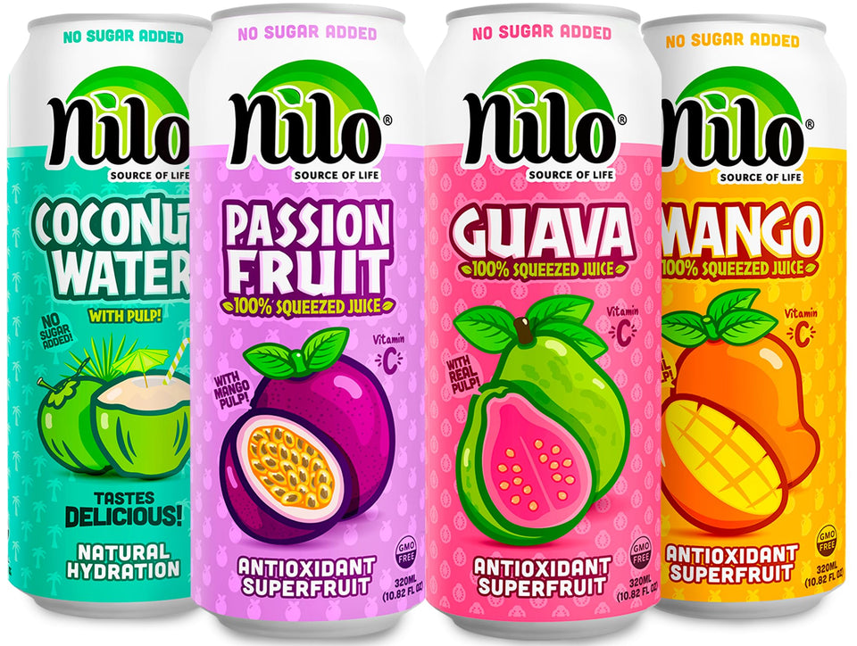 NILO Variety Pack bottle set showing four tropical juice flavors.