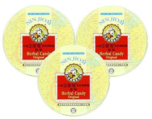 Nin Jiom herbal candy front view with three tins for convenient on-the-go flavor