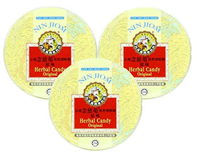 Nin Jiom herbal candy front view with three tins for convenient on-the-go flavor